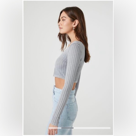 FOREVER21 NWT Grey Ribbed Seamless Split-Hem Cardigan Cropped Sexy Top Shirt S - Picture 5 of 14